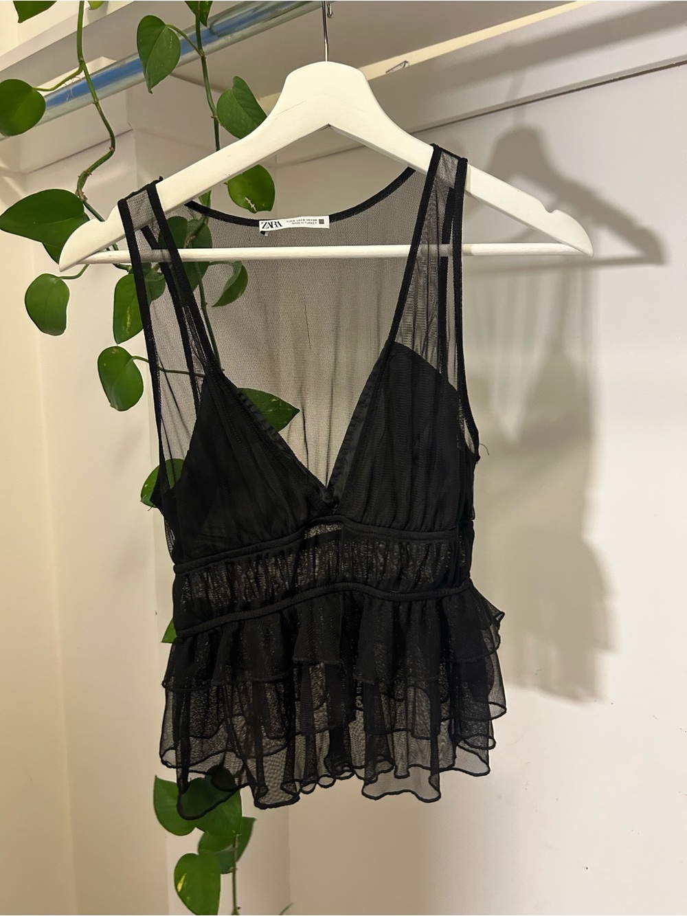 ZARA Black Sheer Ruffled Mesh Bandeau Top